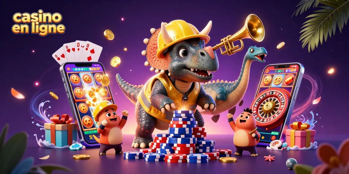 Jouez au casino en ligne avec enthousiasme, illustré par un dinosaure bâtissant une pyramide de jetons de poker.