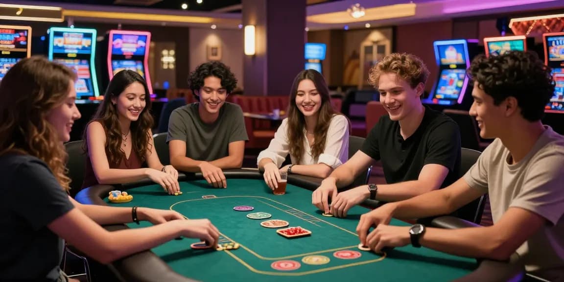 Groupe d'amis jouant au casino en ligne avec une ambiance festive, jeux et rires autour de la table.