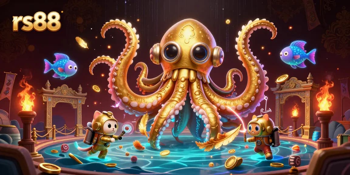 Experience thrilling gaming at rs88 with dynamic scenes featuring an ocean kraken, diving cat, and rich casino elements.