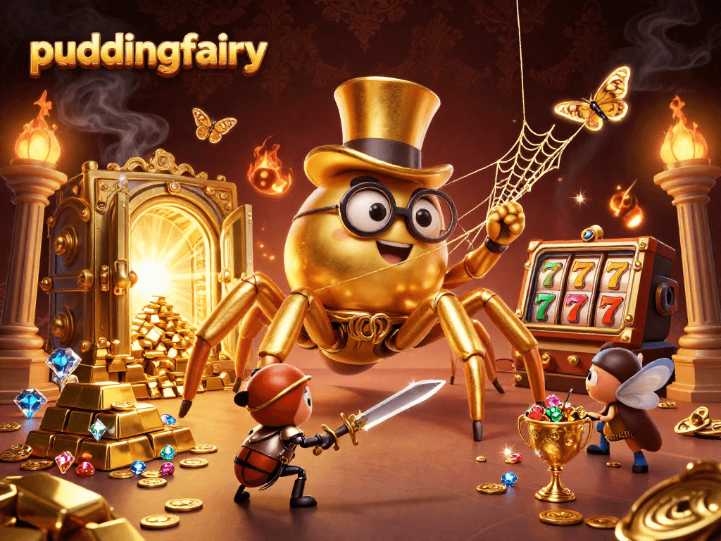 Engage with puddingfairy as the golden tarantula weaves an enchanting web in this casino scene.