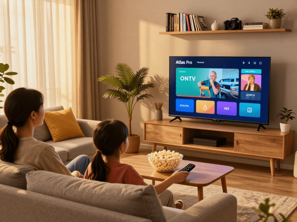Une famille profitant d'une soirée cinéma avec l'application atlas pro sur la télévision.