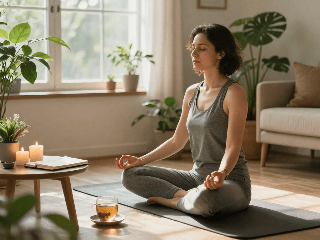 Peaceful meditation moment representing nohu life in a tranquil home.