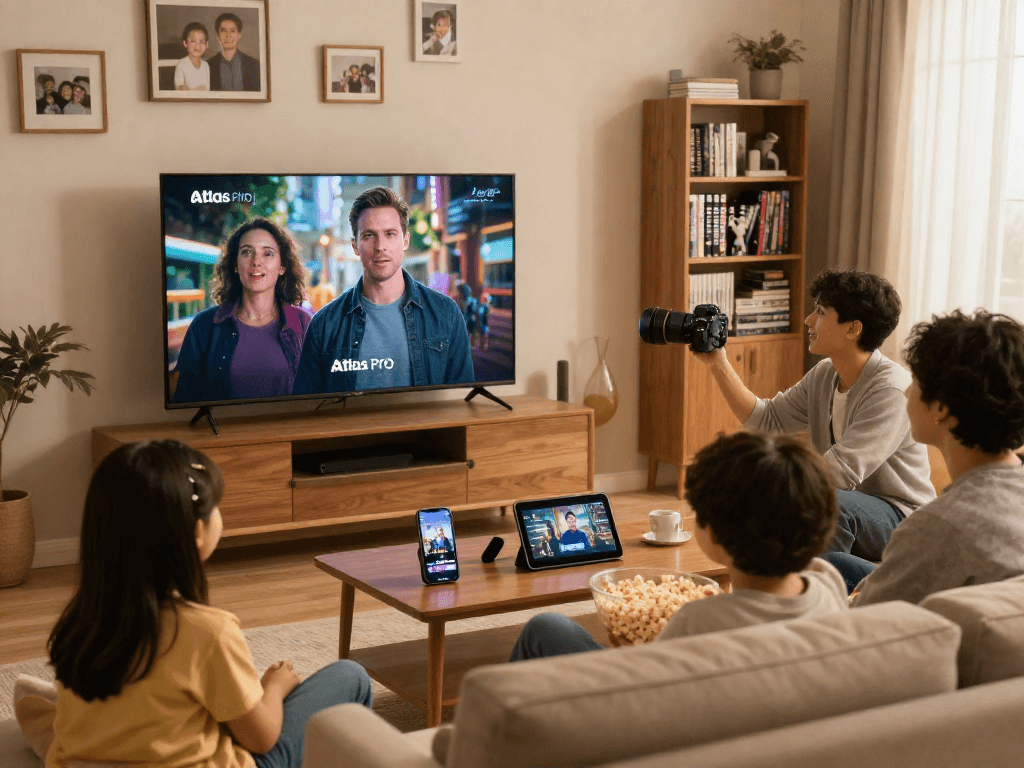 Famille profitant d'Atlas pro ontv avec un téléviseur grand écran et des appareils sur la table.