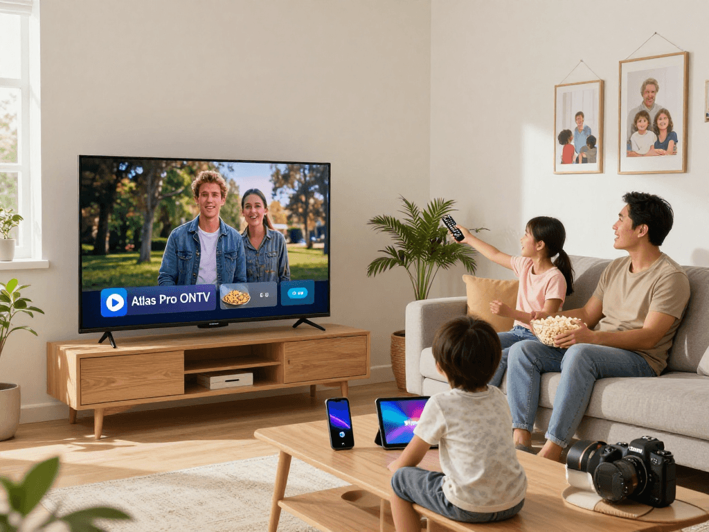 Famille profitant d'Atlas pro ontv pour regarder un film en HD dans leur salon chaleureux.
