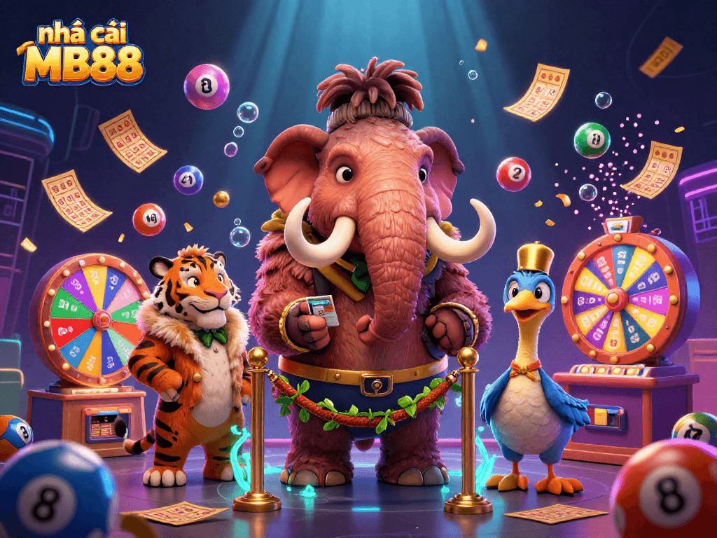 Engage with nhà cái MB88 as 3D cartoon mammoth checks IDs at a vibrant casino entrance.