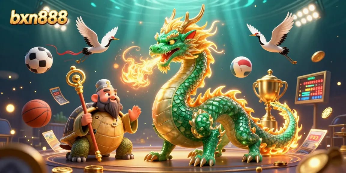 Experience exciting wins with bxn888, featuring the emerald dragon, sage, and lucky cranes in a vibrant casino atmosphere.