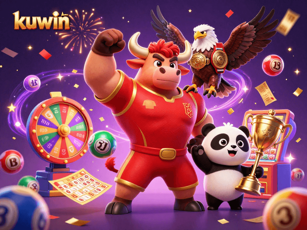 Win big with kuwin at the online casino, featuring mascots celebrating with lottery elements