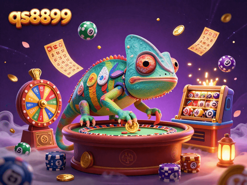 Experience the excitement of qs8899 with an interactive casino illustration featuring a colorful chameleon and lively game elements.