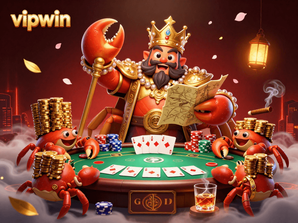 Experience the vibrant casino atmosphere at vipwin with golden crab emperor and poker elements in rich detail.