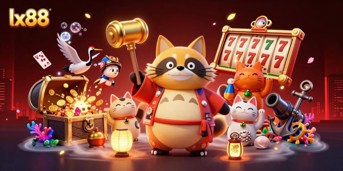 Spin the reels at lx88 with joyful characters in a vibrant casino illustration, featuring cheerful tanuki and lucky charms.