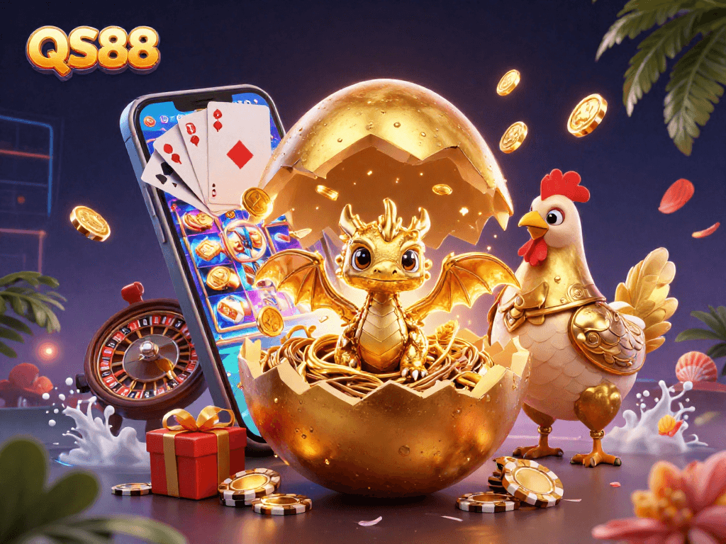 Play and win at QS88 with golden slots, poker chips, and a dynamic casino atmosphere featuring lucky elements.