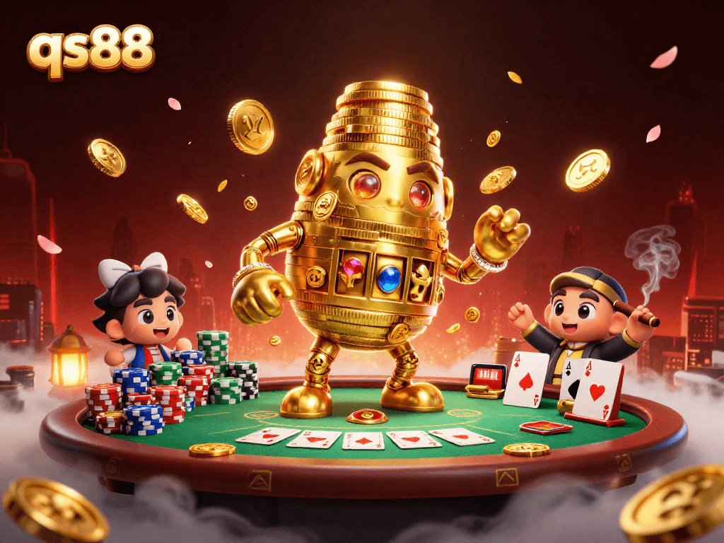 Engage in exciting gameplay at qs88 with a golden golem amidst vivid casino elements.