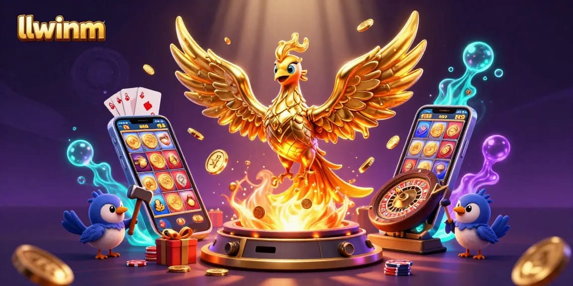 Experience thrilling gaming action at llwinm with golden phoenix emerging from a casino-inspired scene.