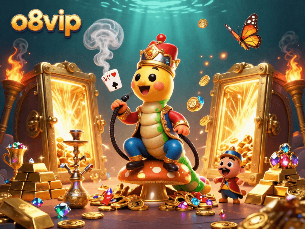 Experience action-packed casino thrills with o8vip's vibrant gaming scene featuring 3D characters and treasures.