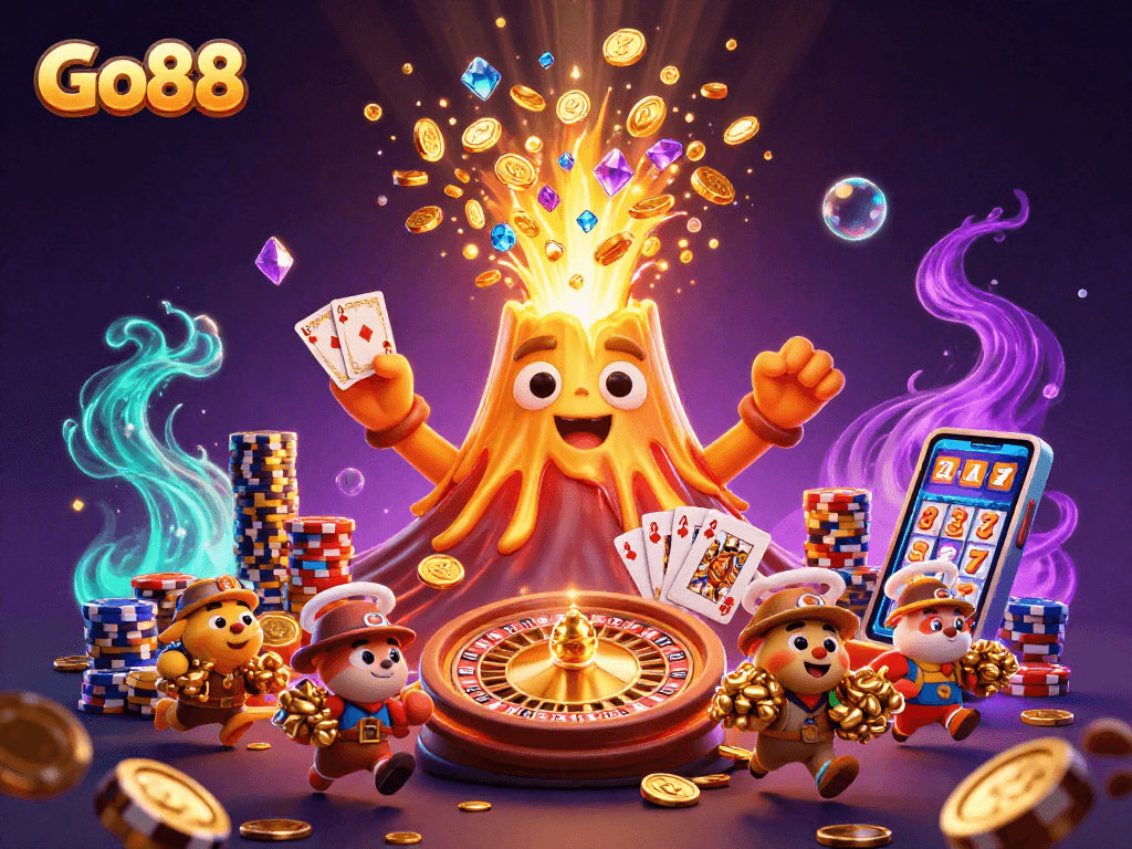 Experience the excitement of Go88 with a golden volcano treasure eruption amid dazzling casino elements.