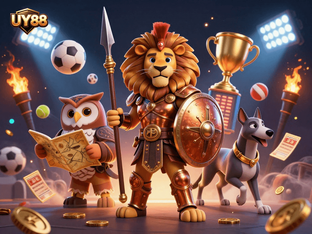 Experience thrilling gameplay at UY88, where the Spartan lion and allies embody the excitement of online gambling.