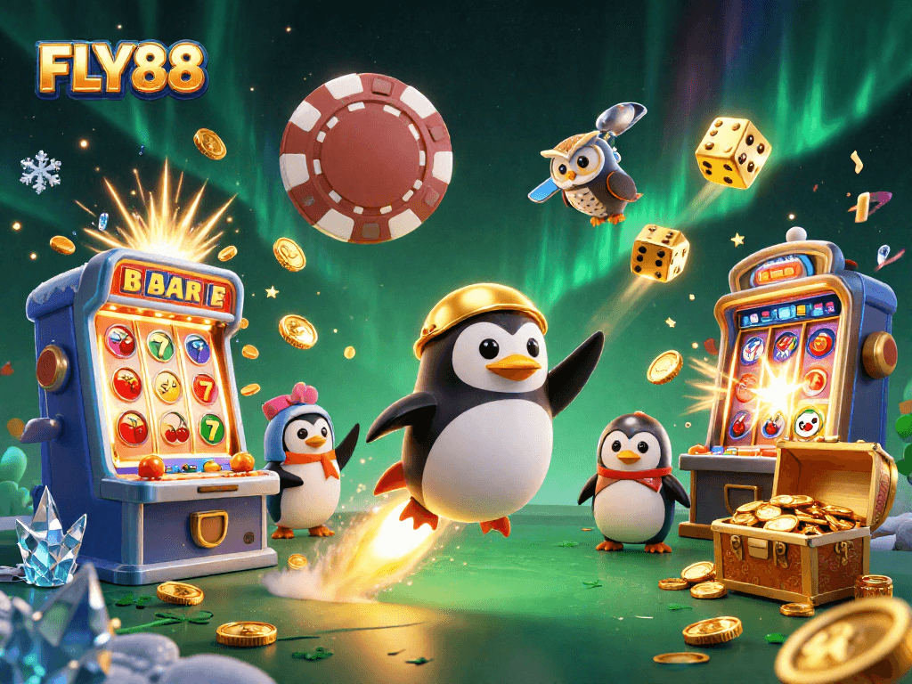Experience FLY88 with dynamic 3D illustrations showcasing jackpot excitement and casino elements.