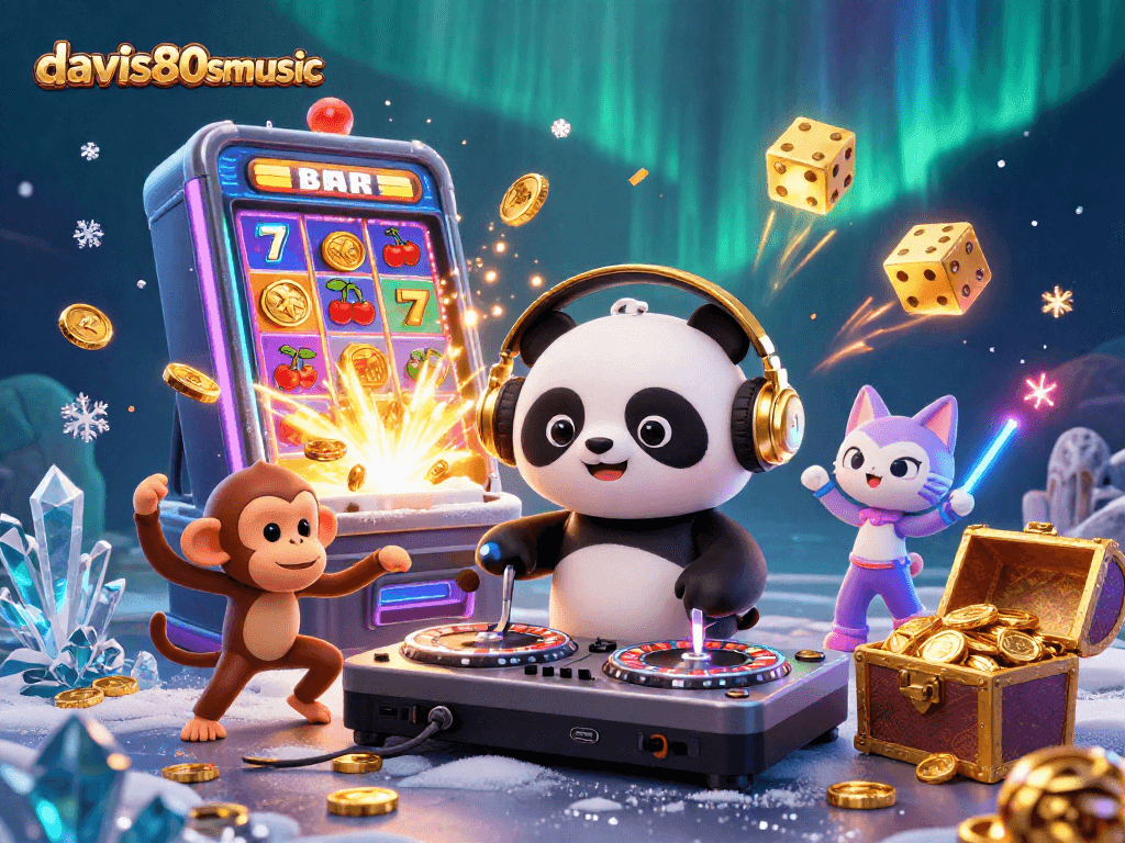 Experience vibrant gaming fun with davis80smusic as characters enjoy thrilling casino adventures and jackpots.
