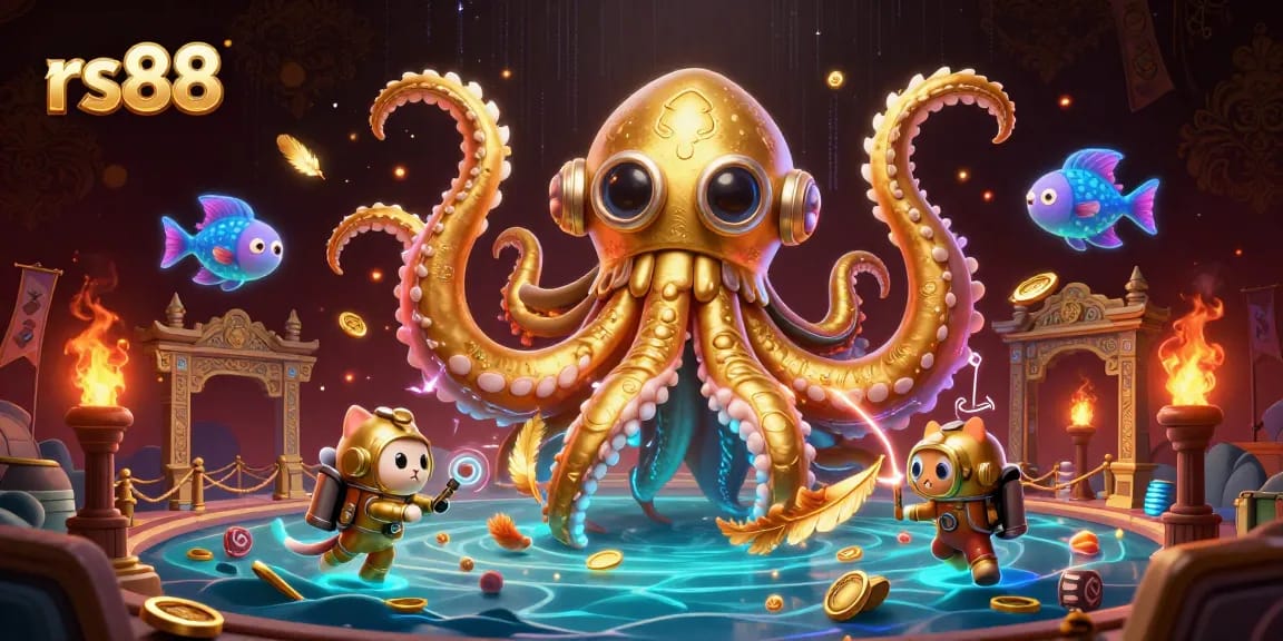 Experience thrilling gaming at rs88 with dynamic scenes featuring an ocean kraken, diving cat, and rich casino elements.