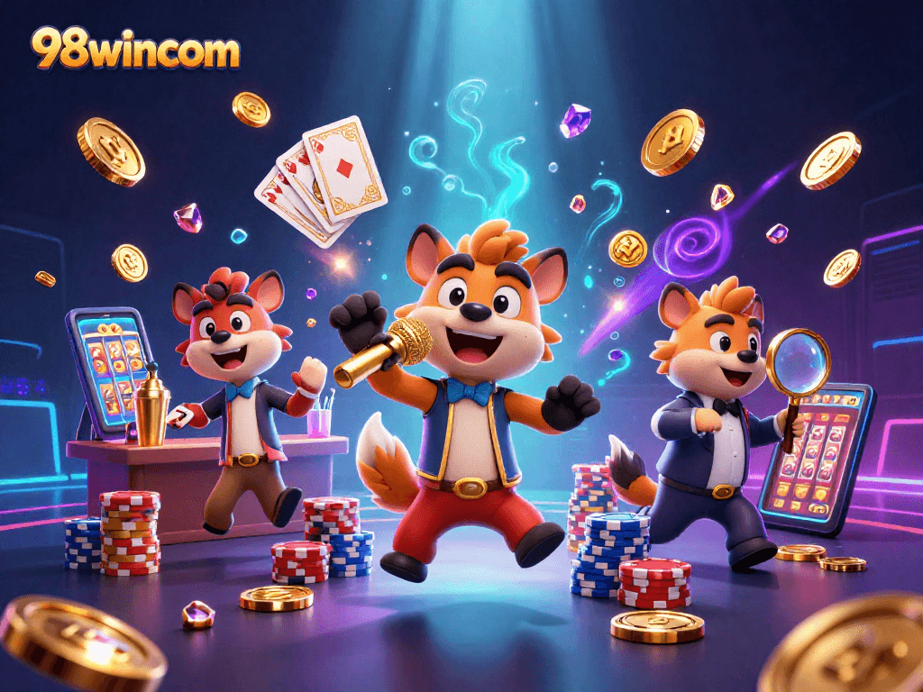 Watch hyenas in a comedy casino at 98wincom, surrounded by sparkling gems and fun!