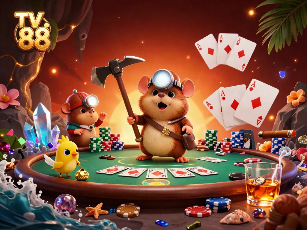 Experience the thrill at TV 88 with dynamic poker gameplay under a treasure cave.