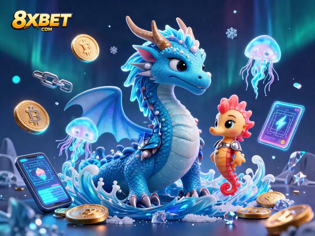 Engage with 8XBET COM's vibrant casino scene featuring a mystical water dragon and cryptocurrency elements.