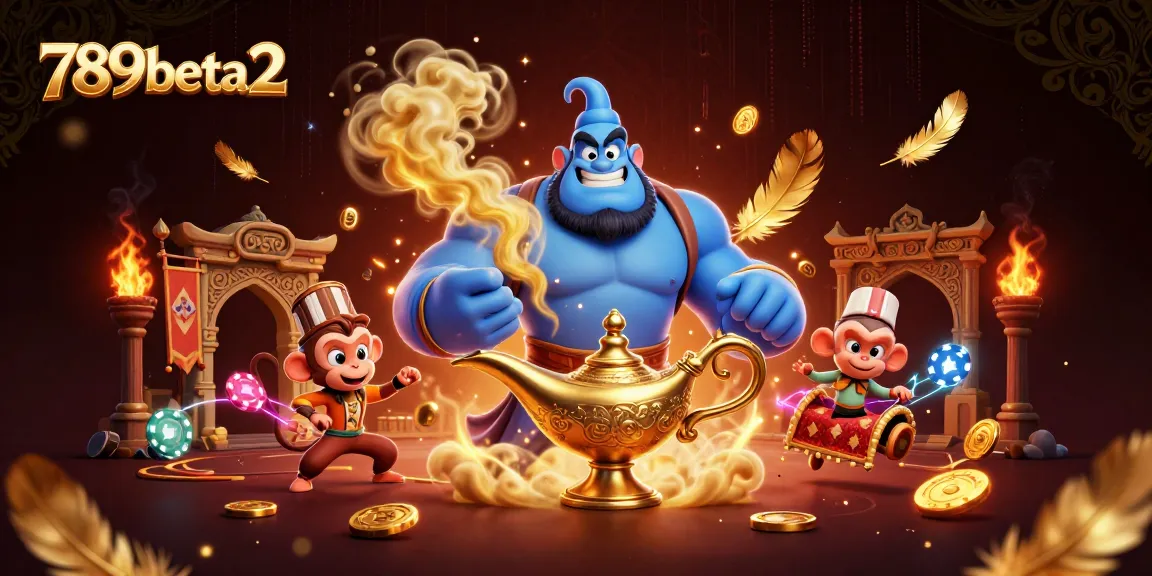 Experience thrilling gameplay with 789beta2's massive muscular genie and poker chips on a magic carpet.