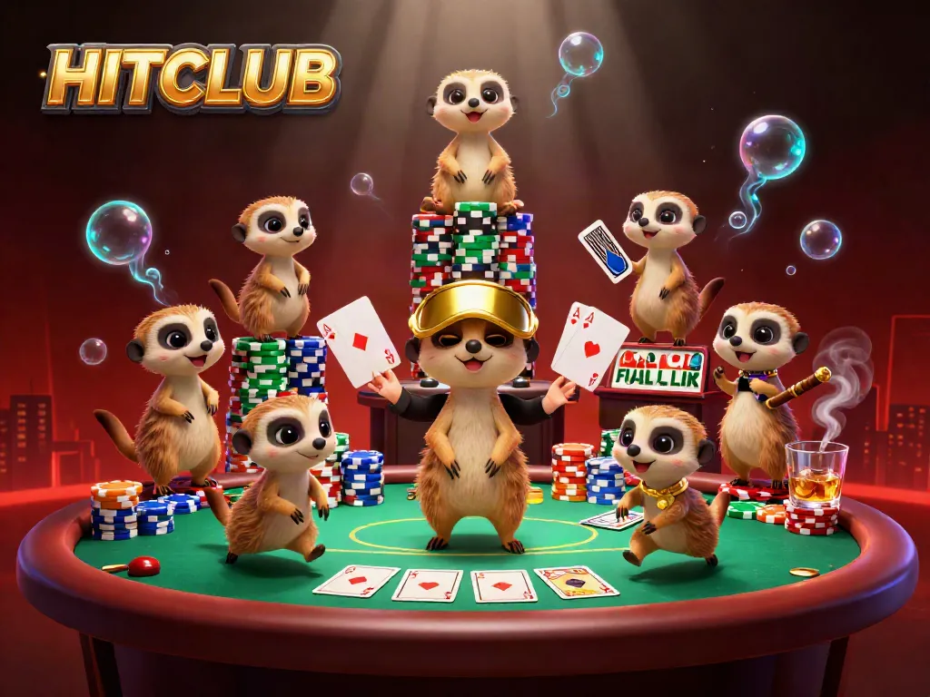 Experience fast-paced action at HITCLUB casino with meerkats dealing cards and stacks of colorful chips.