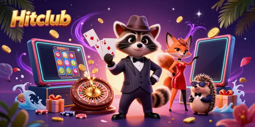 Hitclub showcases thrilling casino action with raccoon, fox, and hedgehog amidst vibrant gaming elements.