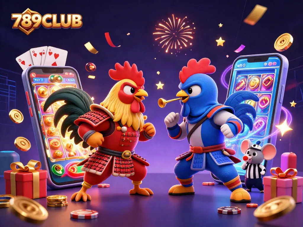 Engage with 789CLUB as cartoon fighting roosters duel amid vibrant casino elements like slots and roulette.