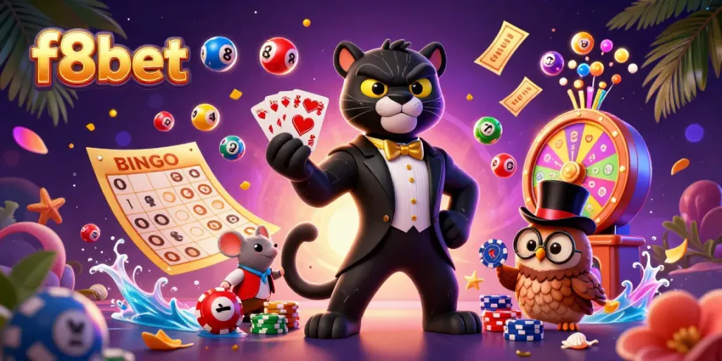 Experience the excitement at f8bet with a vibrant casino scene featuring a playful panther, owl, and lucky mouse.