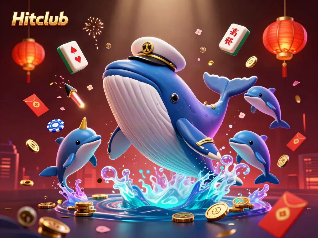 Hitclub showcases giant cartoon whale breaching in gold coins while dolphins flip poker chips.