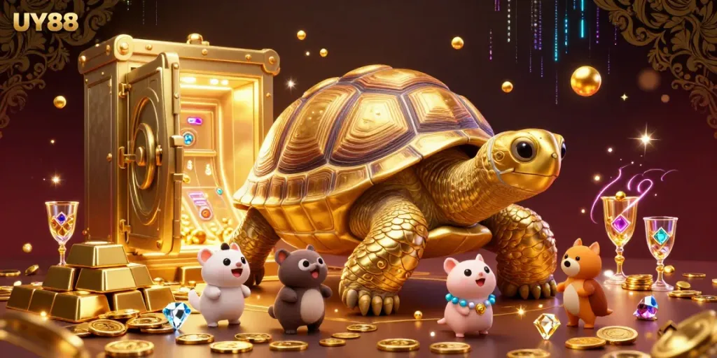 Experience exciting gameplay at UY88 with a vibrant golden tortoise pinball machine surrounded by jewels.
