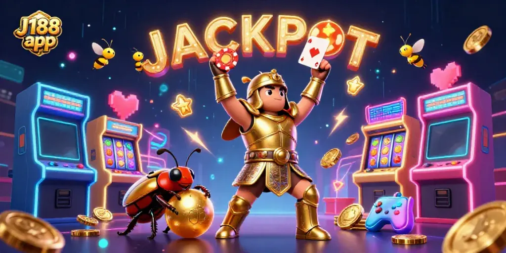 Experience the thrill of the J188 app with a jovial hercules beetle winning at slots, surrounded by vibrant arcade elements.