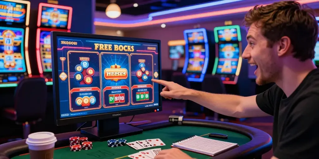 Bonus casino sans dépôt : joueur enthousiaste profitant d'offres gratuites dans un casino en ligne.