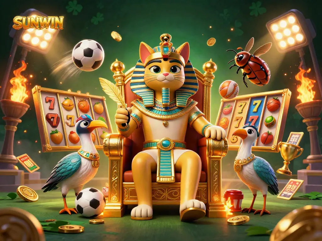 SUNWIN spins the reels in a vibrant, action-packed illustration featuring a casino theme with an Egyptian cat character amidst sports elements.