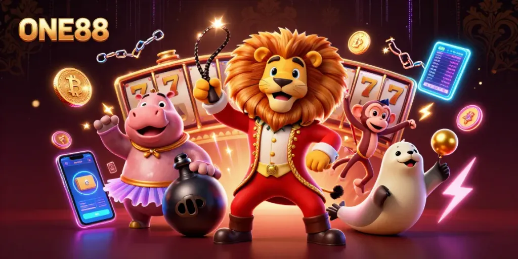 Engage in exciting casino action at ONE88 with vibrant characters and dynamic gaming elements.