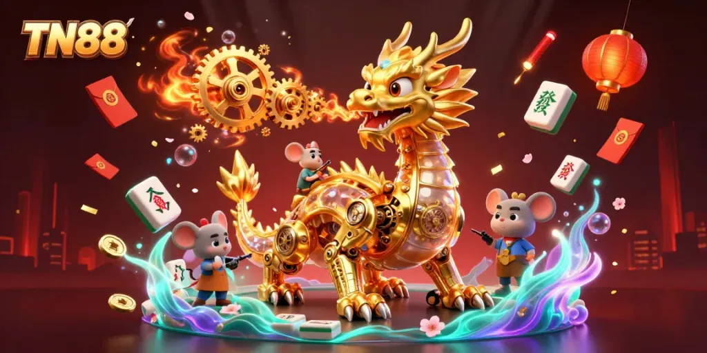 Experience TN88's thrilling gaming world with a golden dragon and captivating casino elements.