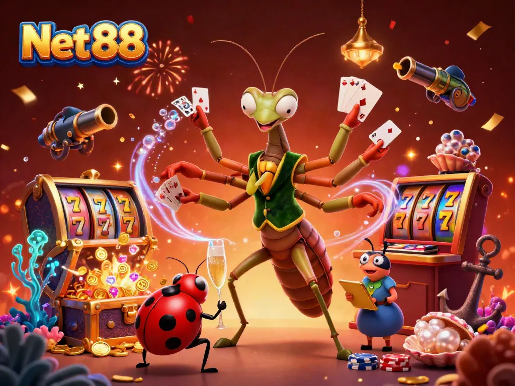 Experience exhilarating gaming with Net 88 as the mantis card sharp entertains players in a vibrant casino scene.