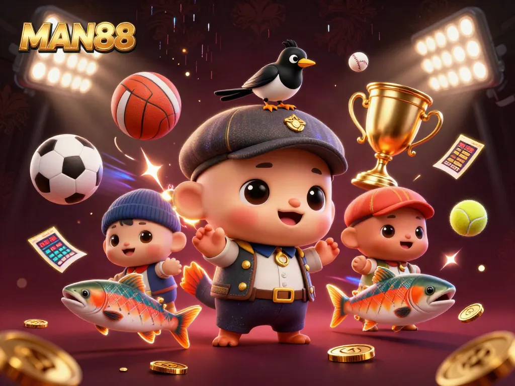 MAN88 players enjoy thrilling fishing game action with colorful, vibrant characters set in a gambling environment.