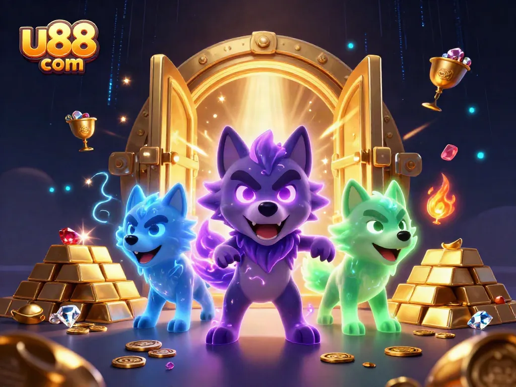 Experience excitement at u88 com with a dynamic scene featuring glowing wolves and treasure elements.