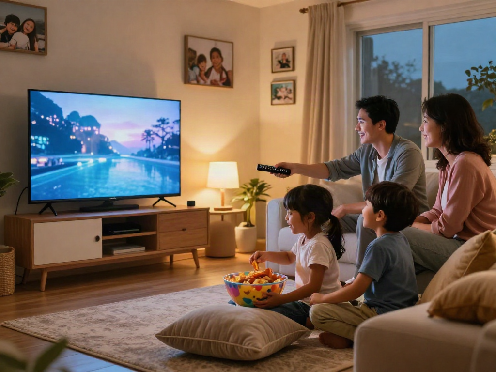 Moment familial chaleureux avec Iron tv pour une soirée cinéma conviviale.