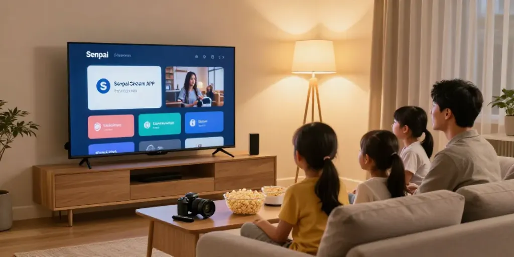 La famille regarde Senpai Stream APK Pour TV dans un salon moderne avec des lumières douces.