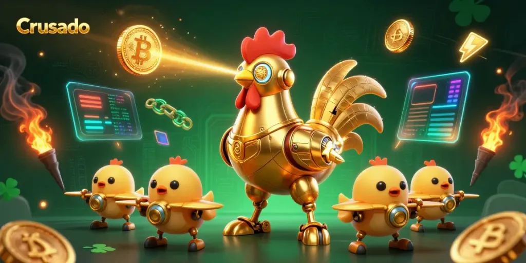 Le casino Crusado présente un robot coq doré futuriste entouré de pièces de crypto et de jeux de casino.