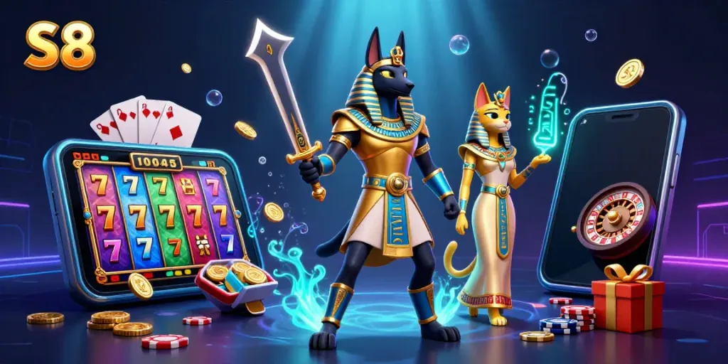 Experience S8's online gambling with Anubis and Bastet amidst rich game elements and golden rewards.
