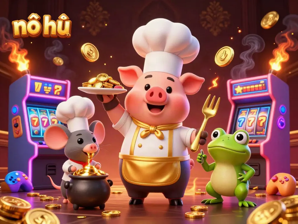 Engage with nổ hũ gaming excitement featuring a lively scene of characters celebrating big wins with gold coins and arcade games.