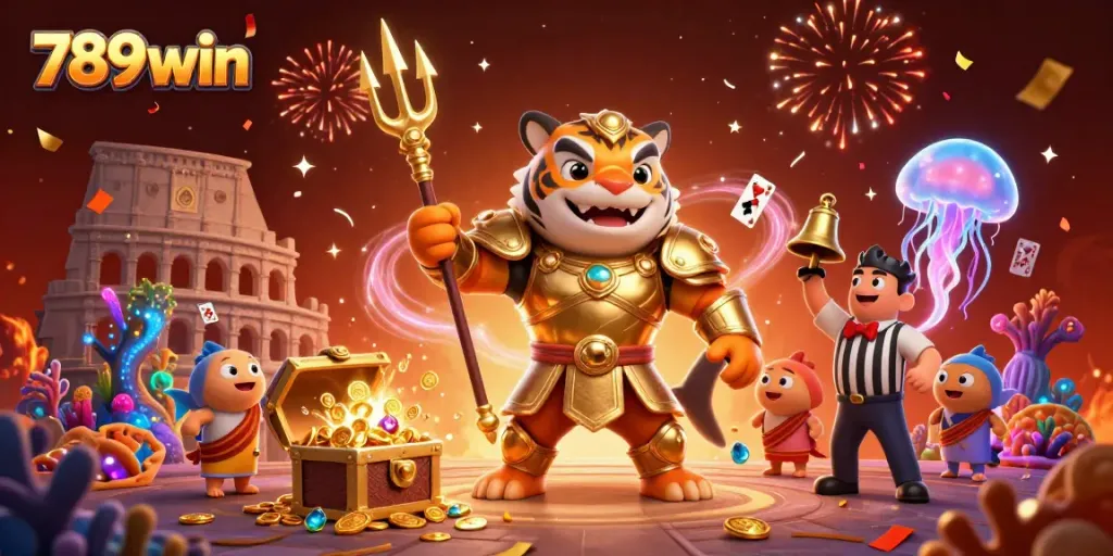 Engage in thrilling gameplay with 789win in this vibrant underwater casino scene featuring a tiger shark in golden armor.