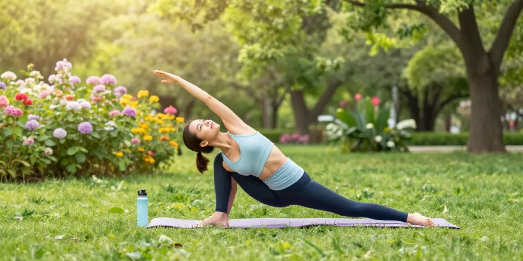 Natura Force health and wellness depicted through an athletic woman practicing yoga outdoors.