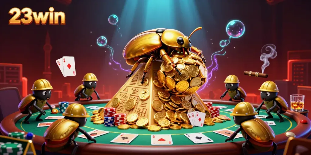 Engage in exciting gameplay with 23win, showcasing a beetle rolling golden coins amidst vibrant casino elements.