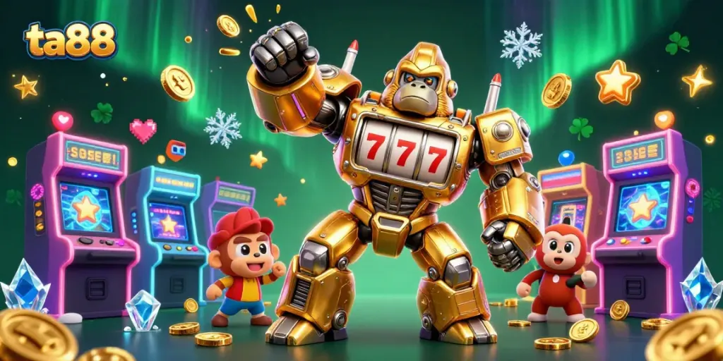 Engage in thrilling wins with ta88's golden gorilla mech amidst vibrant gaming elements.